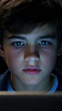 boy using digital device close-up at night, child watching screen and learning with focused expression, online education and media consumption, curiosity and technology use in modern lifestyle