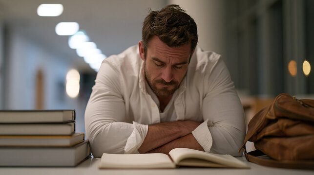 Tired adult learner at continuing education night class leaning over notebook in empty community college hallway under fluorescent lights, stack of textbooks beside worn leather