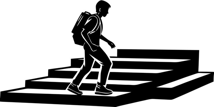 Student Walking Up Stairs Silhouette - Progress & Education Vector Art