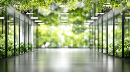 Fototapeta premium Modern interior hallway integrates lush greenery for a sustainable workspace environment