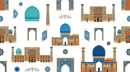 Islamic Architecture Vector Set Featuring Samarkand Registan Mosque Domes Arches and Traditional Uzbek Patterns for Cultural Graphic Design Projects © Md 