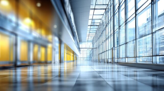 Modern architectural interior features a long, brightly lit, glass-walled hallway with reflective flooring.