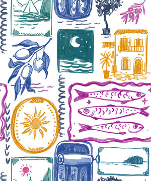 Mediterranean seamless pattern, southen background with sardines, lemon, sun, hand drawn watercolor  doodles