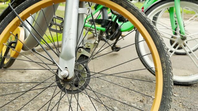 A close-up shows rental bicycle wheels resting on an outdoor asphalt path. The detailed mechanism stands still in a peaceful park.