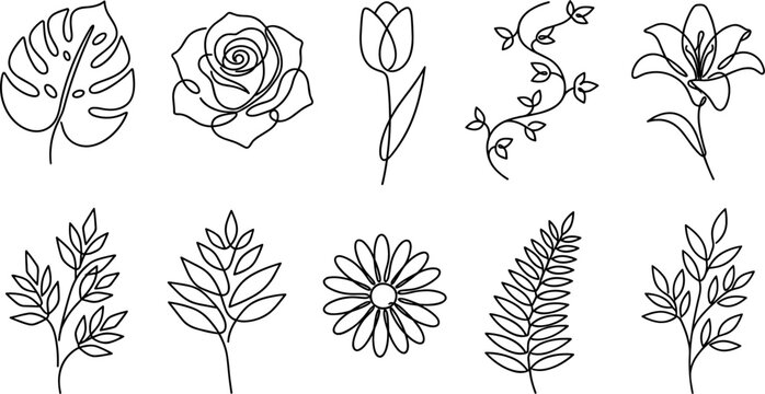 Minimalist Continuous Line Art Flower and Botanical Leaf Vector Icon Set for Elegant Logo Branding Wedding Invitations and Cosmetic Packaging Designs
