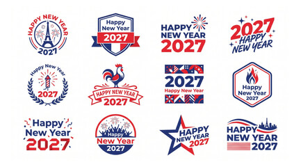 Creative happy new year 2027 badges and emblems set for holiday event decorations with celebration greetings collection graphics typography illustration invitation fireworks © Shaon