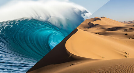 Surreal of a massive ocean wave crashing into desert sand dunes with landscape contrast environment abstract collision adventure geography