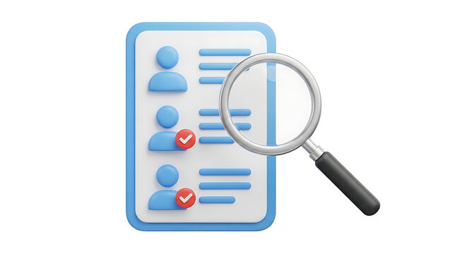 3D digital representation of a human resources hiring process with magnifying glass recruitment candidates resources magnifying checkmarks business staffing personnel management selection