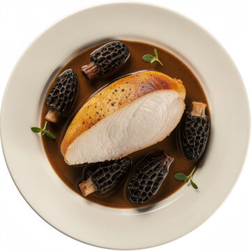 Supr&ecirc;me de Volaille aux Morilles with Creamy Morel Mushroom Sauce Isolated on White Background