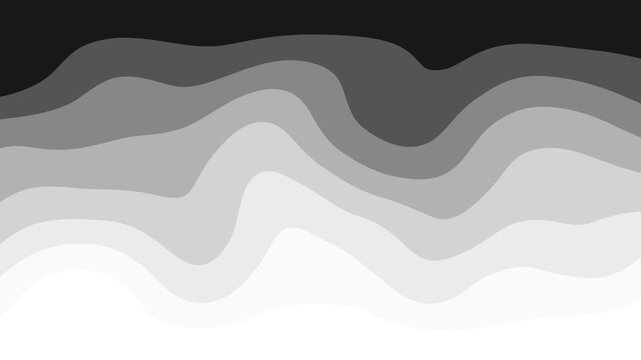 Horizontal stacked abstract waves smoothly morphing and flowing in a grayscale gradient from black at the top to white at the bottom, layered monochrome papercut liquid animation video