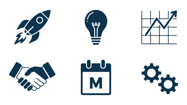 Business strategy icons set with rocket lightbulb graph handshake calendar