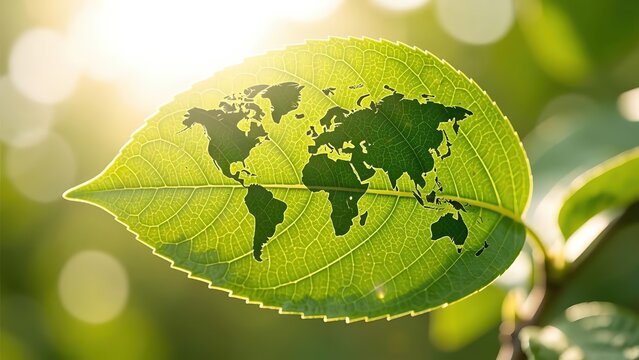 Silhouette of a world map on a green leaf in the sunlight. The concept of ecology, the environment of global sustainability