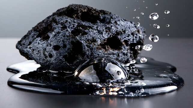 Porous volcanic rock with water droplets demonstrating absorption and filtration properties, natural geological material texture with moisture interaction and environmental science concept