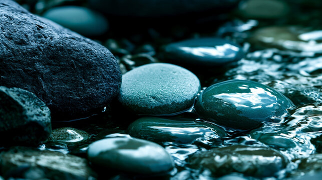 Smooth wet pebbles in flowing stream water, serene natural stone texture with reflections, tranquility and wellness concept in peaceful aquatic environment