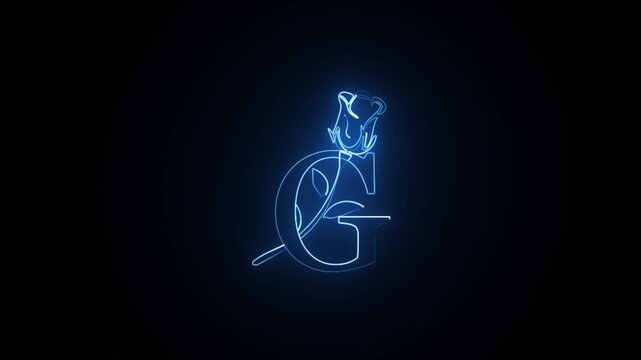 Neon blue letter g with rose outline animation on black background flickering cinematic motion graphic footage