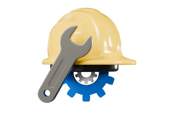 Fototapeta premium 3d hard hat wrench gear icon. construction maintenance concept. minimal cartoon safety helmet cogwheel for engineering marketing. isolated on white transparent background. 3d render.
