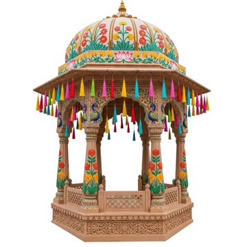 Intricately decorated Indian gazebo with colorful tassels and floral motifs isolated on white background