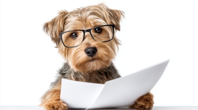 Small dog wearing glasses holding paper on white background