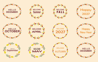 Collection of seasonal wreath frames with monthly text and holiday greetings for calendar design © MOHAMMADSHARIFUL