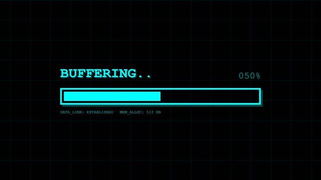 Futuristic digital buffering progress bar on a dark grid background.
