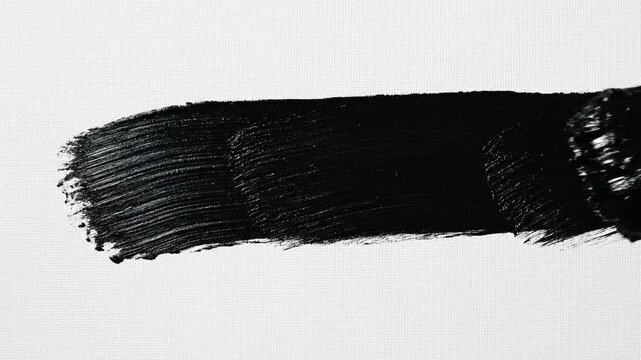 A paintbrush creates a bold black stroke on white canvas surface