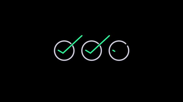 Animated green checkmark icons appearing in a sequence of three circles connected by lines representing progress completion and successful process steps