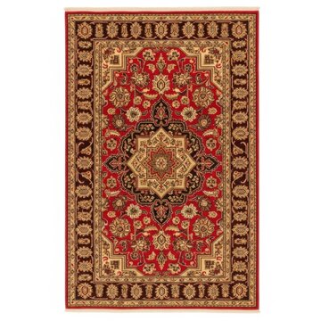 Intricately designed traditional red oriental rug with floral patterns and geometric borders