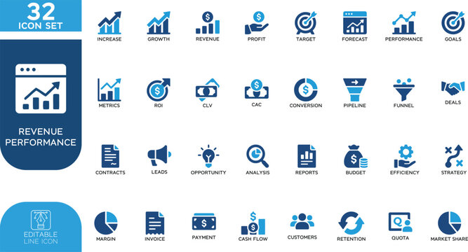 Revenue performance Vector illustration Fill editable Icons set. for business and finance analysis. on transparent background.