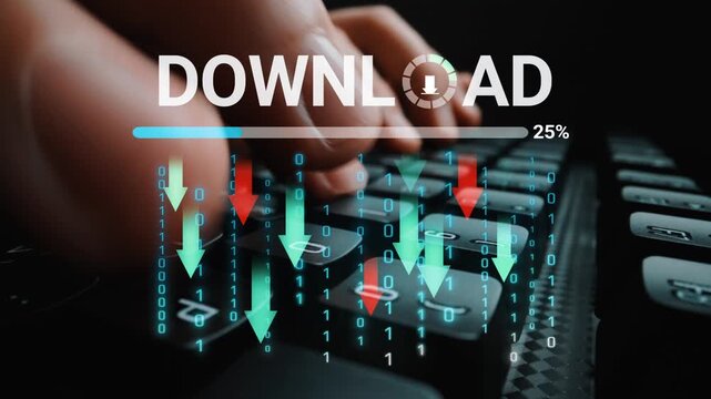 Download Progress with Hands on Keyboard and Digital Elements Illustrating Data Transfer and Technology Concept. Entropy.