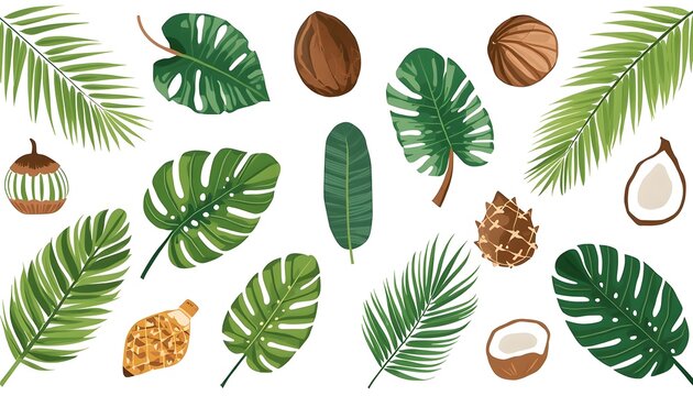 A set of watercolor coconut and palm leaves vector illustrations.