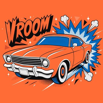 Vintage Car Speeding with Motion Effects in Retro Pop Art Style