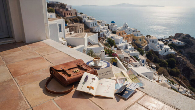 Travelers desk with leather bag, map, passport, and coffee in santorini