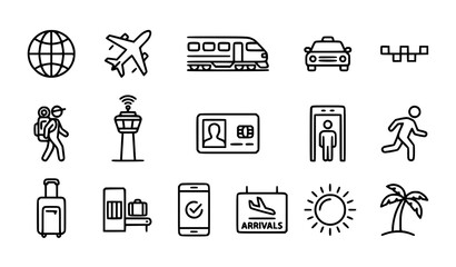 Thin Line Travel and Transportation Icons Set with Airport Tourism and Journey Symbols © Munnat