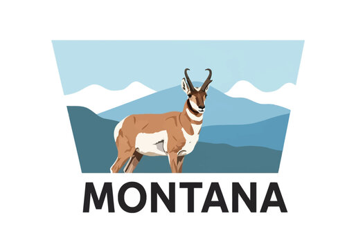 Flat vector illustration of a pronghorn antelope standing in front of Montana mountain ranges, featuring bold black typography text saying Montana on a clean white background.