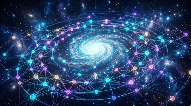 Cosmic digital network spiral galaxy global connection big data communication space abstract background