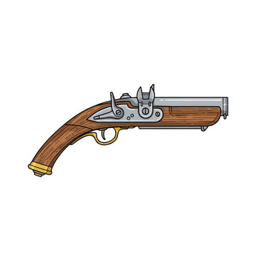 Vintage antique flintlock pistol illustration with detailed wooden stock, metal barrel, and firing mechanism. Historical 18th-century black powder muzzleloader firearm vector art.