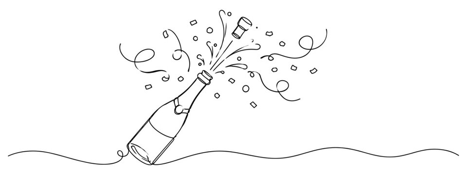 Simple continuous line drawing of a champagne bottle popping with confetti and streamers, symbolizing celebration, success, party, and festive moments.