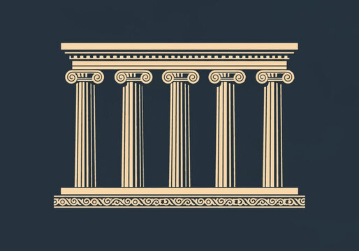 Five classical Ionic columns with scroll capitals supporting a horizontal architrave with dentil molding and a decorative wave pattern base on a dark navy blue background.