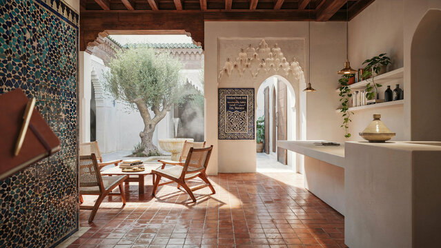 Luxury riad courtyard interior with traditional moroccan architecture
