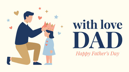 Naklejka premium Happy fathers day card banner with dad putting toy crown on his cute girl child vector illustration