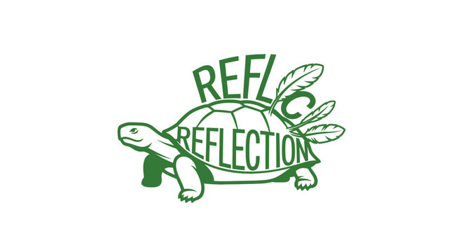 Green turtle with reflection text and leaves illustration.
