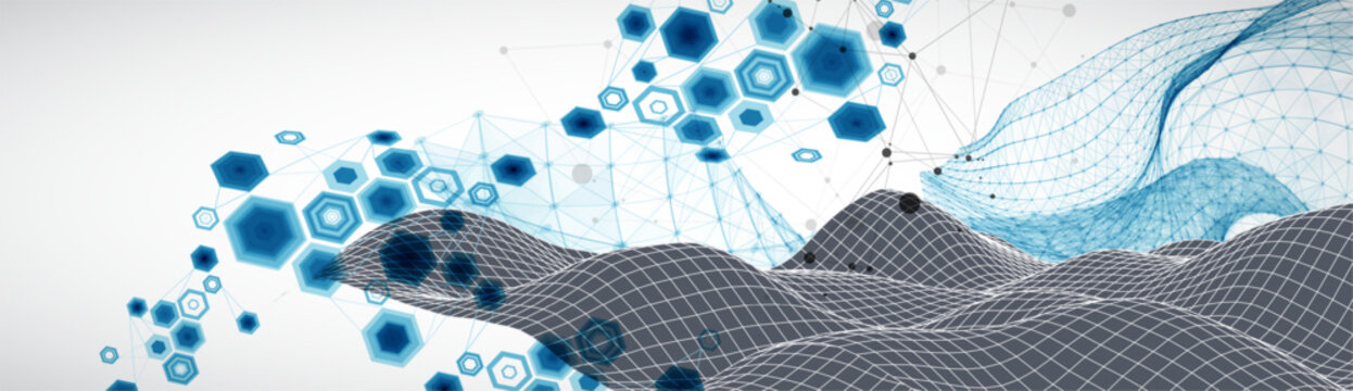Grid geometric landscape with plexus particles and hexagonal elements. Vector template for tech banner or science presentation.