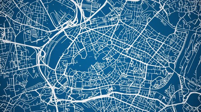 Ink reveal animation of Strasbourg, Bas-Rhin, Grand Est, France grid map. Aerial top view. Blueprint style. White lines with blue background. 4K Seamless loop.