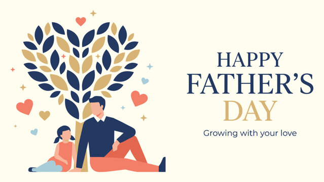 Fathers day web banner layout with dad and girl under heart shape tree for card vector illustration