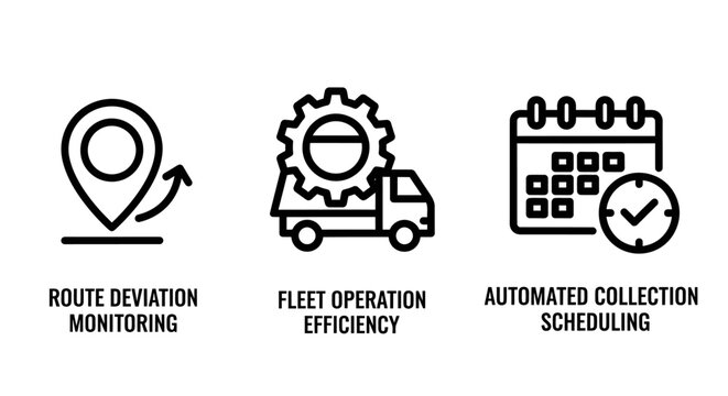 Logistics and transport management icons featuring route deviation fleet efficiency automated scheduling logistics transport efficiency deviation scheduling automation collection management