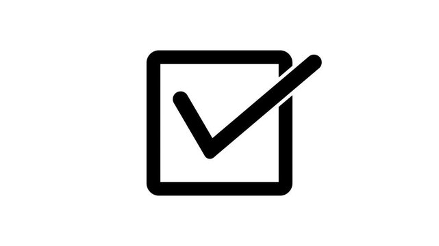 Animated 2D black check mark icon inside a square box on white background representing success confirmation task completion and project approval for video.
