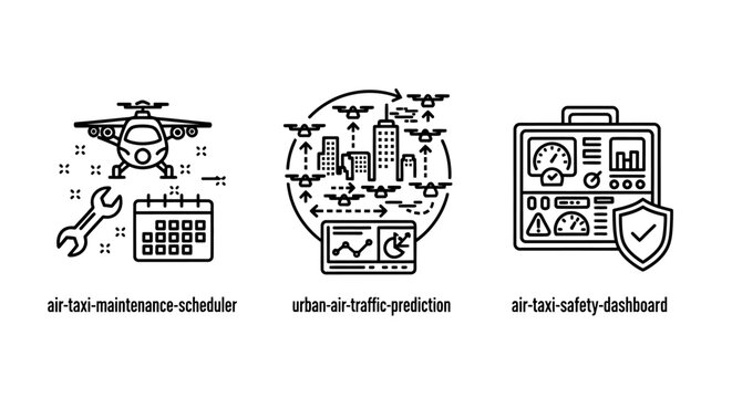 Urban air taxi management and safety system icons with maintenance scheduler predictor dashboard aviation transport logistics monitoring technology automation inspection security planning
