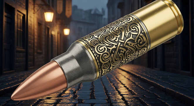 Decorative brass bullet with ornate engraving ammunition projectile decorative scrollwork reflection close-up luxurious historical