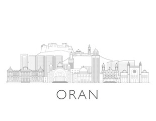 Obraz premium Oran skyline, Algeria. Urban cityscape with landmarks and monuments. Hand drawn line art digital skyline illustration.