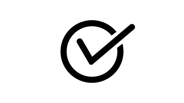 Animated 2D black check mark icon inside a circle on white background representing success confirmation task completion and project approval for business videos.
